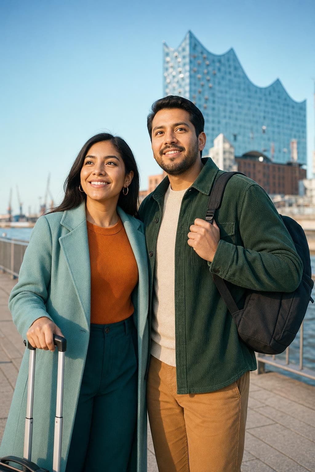 Dos jóvenes profesionales caminando por Hamburgo bajo el sol
